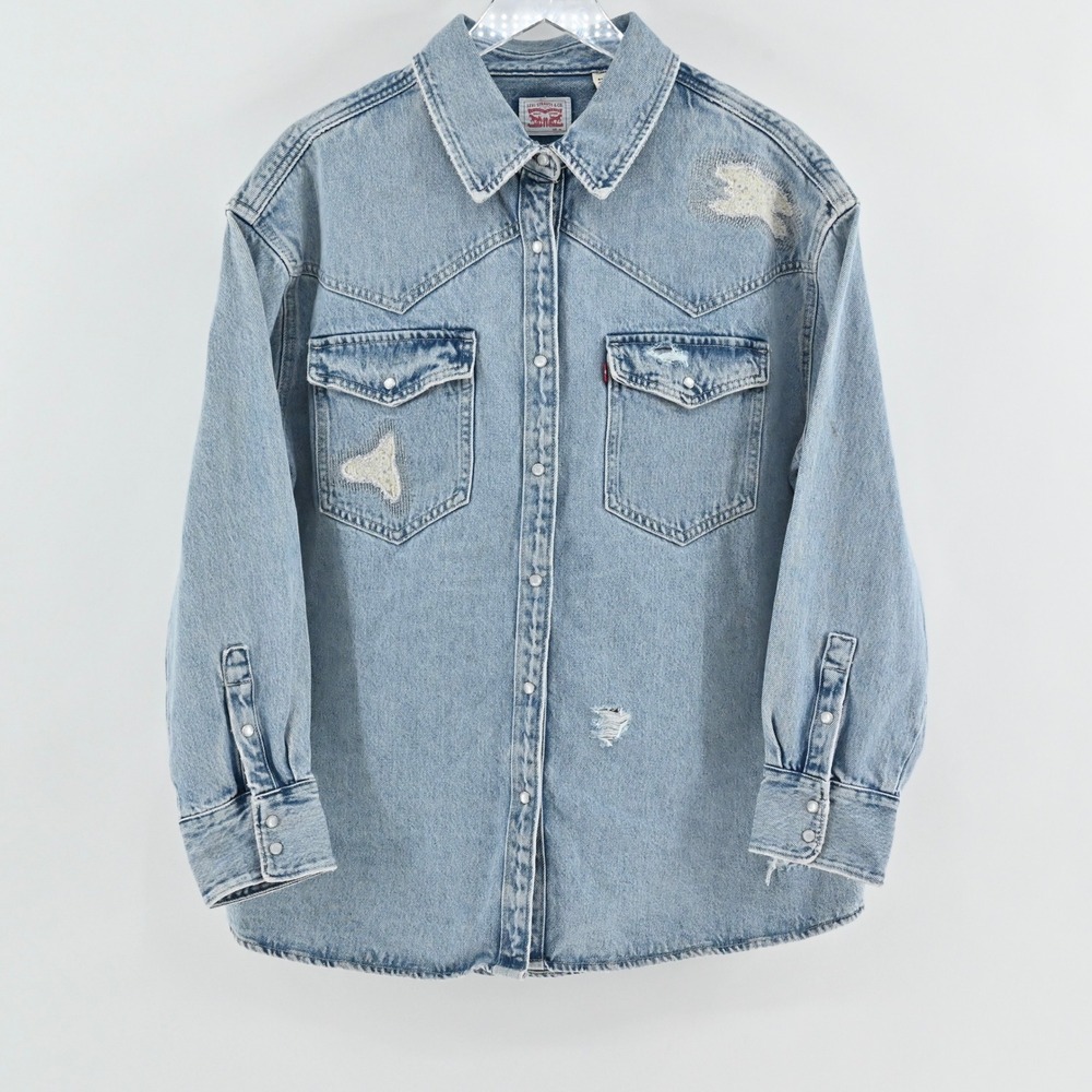 LEVIS Womens Dylan Relaxed Western‎ Shirt 1X Pearl Snap Distressed Denim Shacket